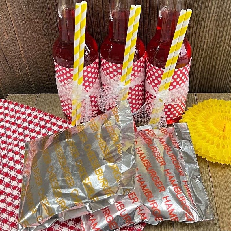 Outside the Box Papers Printed Foil Hamburger and Cheeseburger Bags - 50 Each - Silver Red Yellow - Image 3
